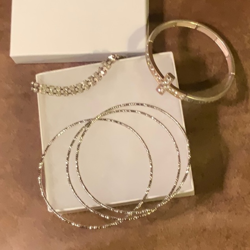 Lot of 5 Bracelets - 3 Bangles 1 Older Flip Close Line Style 1 Sparkly Cross